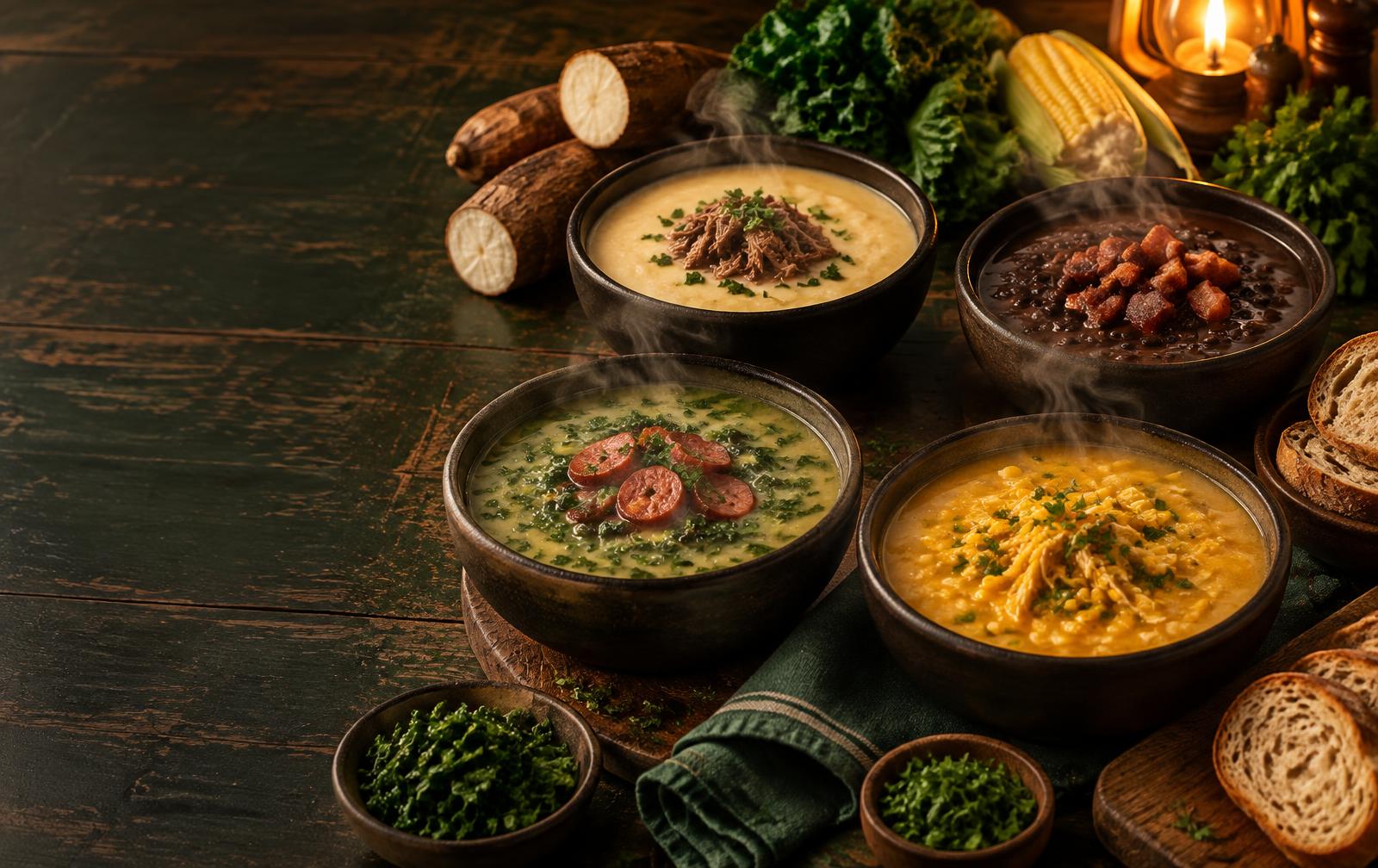 Caldos brasileiros servidos em tigelas artesanais